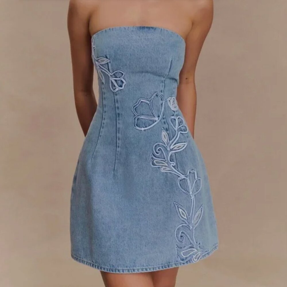 NWT | Meshki Akira Embroidered Denim Mini Dress - Mid Blue Size Small